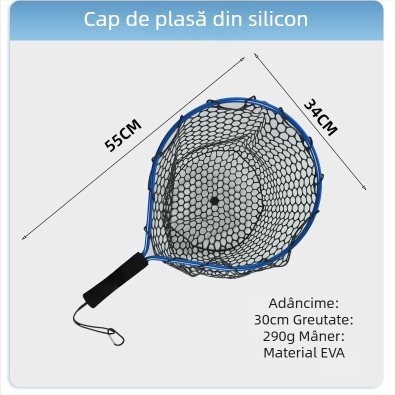 Plasă portabilă de pescuit din silicon cu mâner scurt pentru pescuit în pârâu; mini plasă de mână cu cadru din aliaj de aluminiu; diametrul deschiderii plasei 55 mm; ochiuri groase; nu se poate plia.