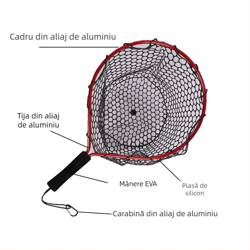 Plasă portabilă de pescuit din silicon cu mâner scurt pentru pescuit în pârâu; mini plasă de mână cu cadru din aliaj de aluminiu; diametrul deschiderii plasei 55 mm; ochiuri groase; nu se poate plia.