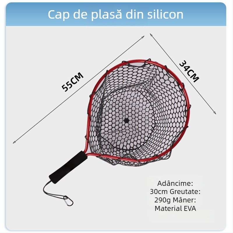 Plasă portabilă de pescuit din silicon cu mâner scurt pentru pescuit în pârâu; mini plasă de mână cu cadru din aliaj de aluminiu; diametrul deschiderii plasei 55 mm; ochiuri groase; nu se poate plia.