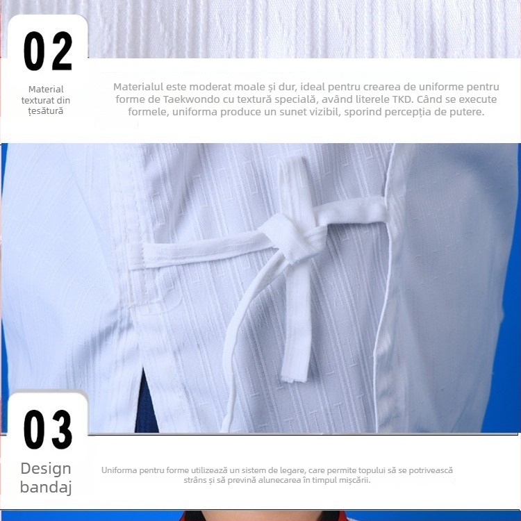 Uniformă Taekwondo - Amestec de bumbac, căptușeală 20% bumbac, pentru antrenament și reprezentații