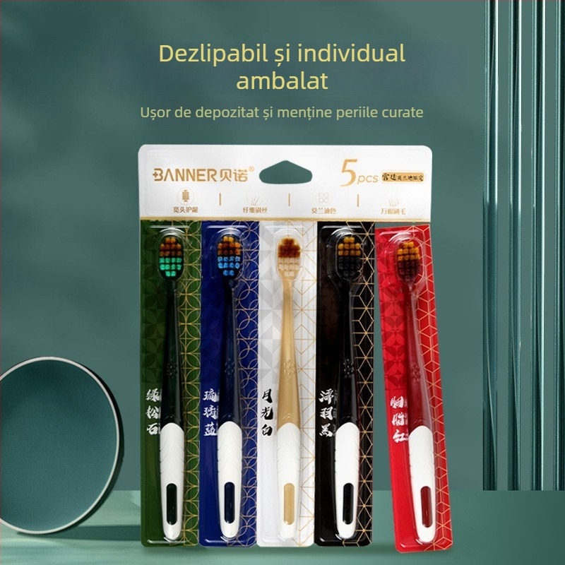 Perie de dinți manuală cu cap lat și peri moi, set de 5 bucăți, model 063