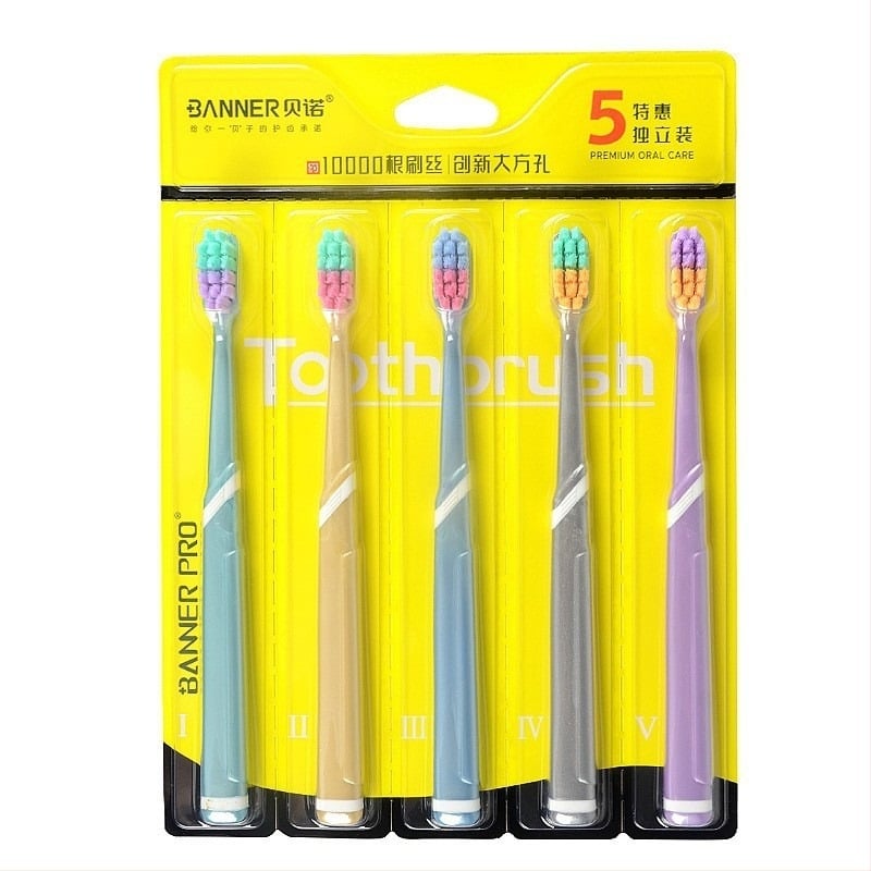 Perie de dinți manuală cu cap lat și peri moi, set de 5 bucăți, model 063