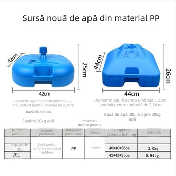 Bază de umbrelă cu arc și găleată din plastic, suport de umbrelă cu patru colțuri pentru exterior, stil clasic; țesătură parasol: fibră întărită + polietilenă, densitate 170t; brațe și tijă din aliaj