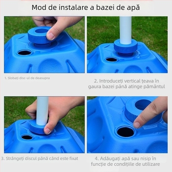 Bază de umbrelă cu arc și găleată din plastic, suport de umbrelă cu patru colțuri pentru exterior, stil clasic; țesătură parasol: fibră întărită + polietilenă, densitate 170t; brațe și tijă din aliaj