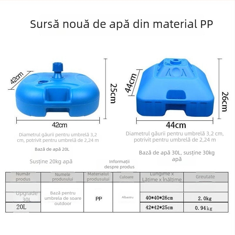 Bază de umbrelă cu arc și găleată din plastic, suport de umbrelă cu patru colțuri pentru exterior, stil clasic; țesătură parasol: fibră întărită + polietilenă, densitate 170t; brațe și tijă din aliaj