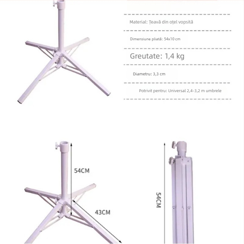 Bază de umbrelă cu arc și găleată din plastic, suport de umbrelă cu patru colțuri pentru exterior, stil clasic; țesătură parasol: fibră întărită + polietilenă, densitate 170t; brațe și tijă din aliaj