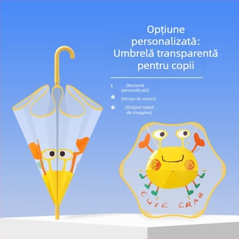Umbrelă transparentă pentru copii, stil desen animat, cadrul cu 6 arce din fibră, mâner din plastic, închidere automată, personalizare logo