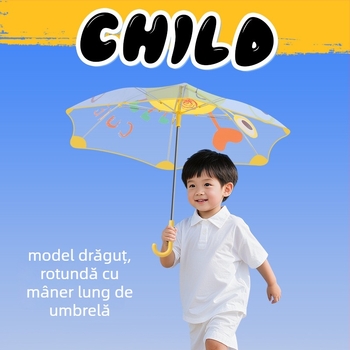 Umbrelă transparentă pentru copii, stil desen animat, cadrul cu 6 arce din fibră, mâner din plastic, închidere automată, personalizare logo
