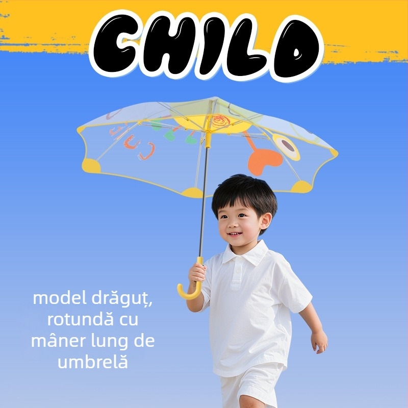 Umbrelă transparentă pentru copii, stil desen animat, cadrul cu 6 arce din fibră, mâner din plastic, închidere automată, personalizare logo