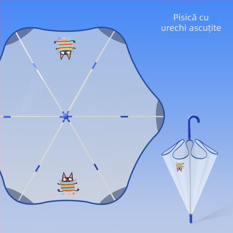 Umbrelă transparentă pentru copii, stil desen animat, cadrul cu 6 arce din fibră, mâner din plastic, închidere automată, personalizare logo