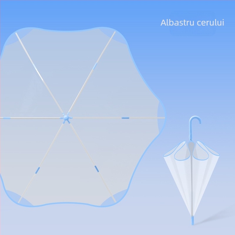Umbrelă transparentă pentru copii, stil desen animat, cadrul cu 6 arce din fibră, mâner din plastic, închidere automată, personalizare logo