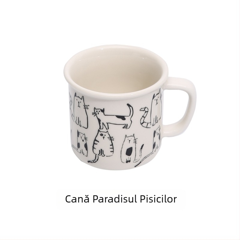 Cană de cafea emailată, cilindrică, cu mâner, imprimare logo, stil modern minimalist, compatibilă cu microunde