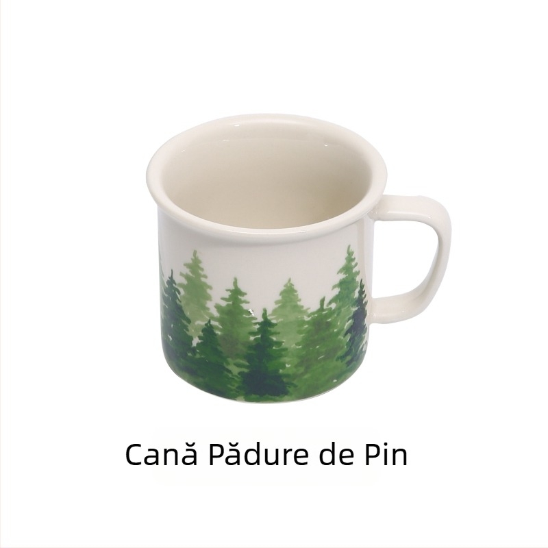 Cană de cafea emailată, cilindrică, cu mâner, imprimare logo, stil modern minimalist, compatibilă cu microunde