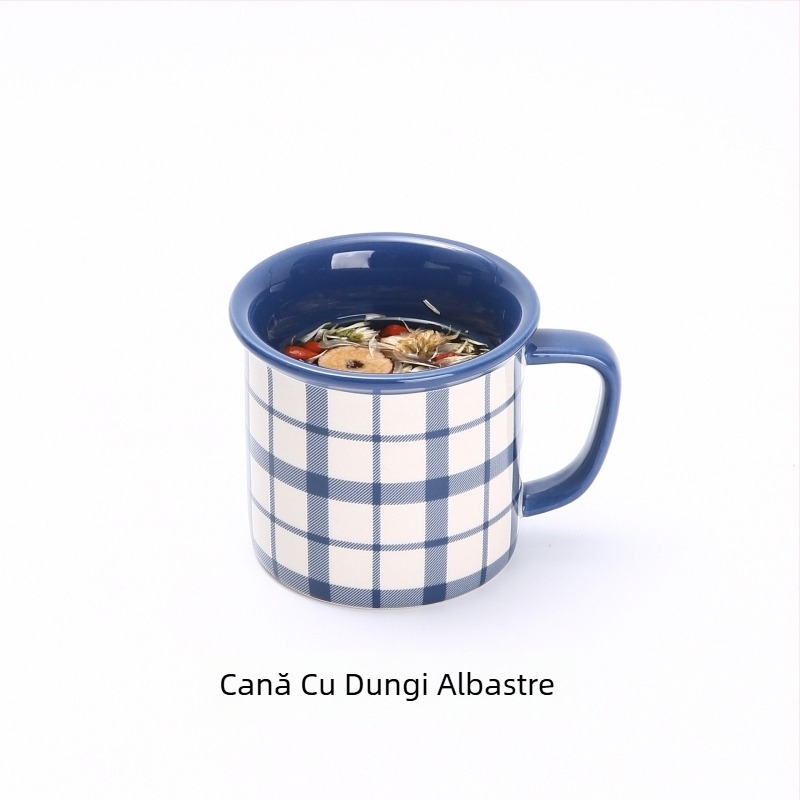 Cană de cafea emailată, cilindrică, cu mâner, imprimare logo, stil modern minimalist, compatibilă cu microunde