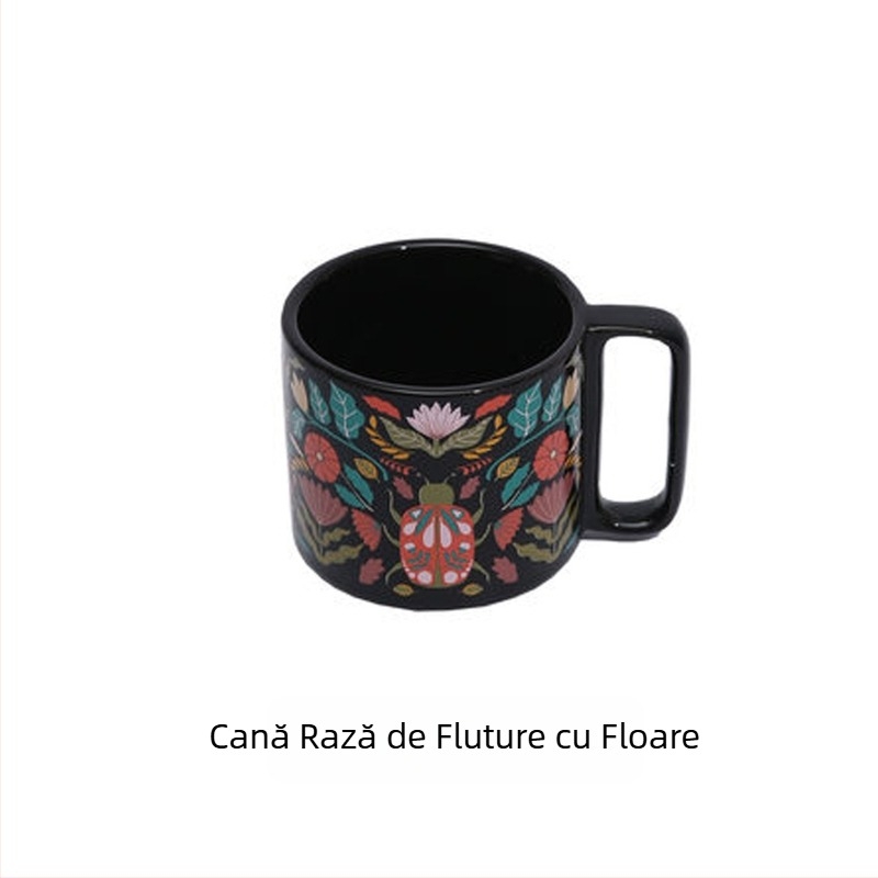 Cană de cafea emailată, cilindrică, cu mâner, imprimare logo, stil modern minimalist, compatibilă cu microunde