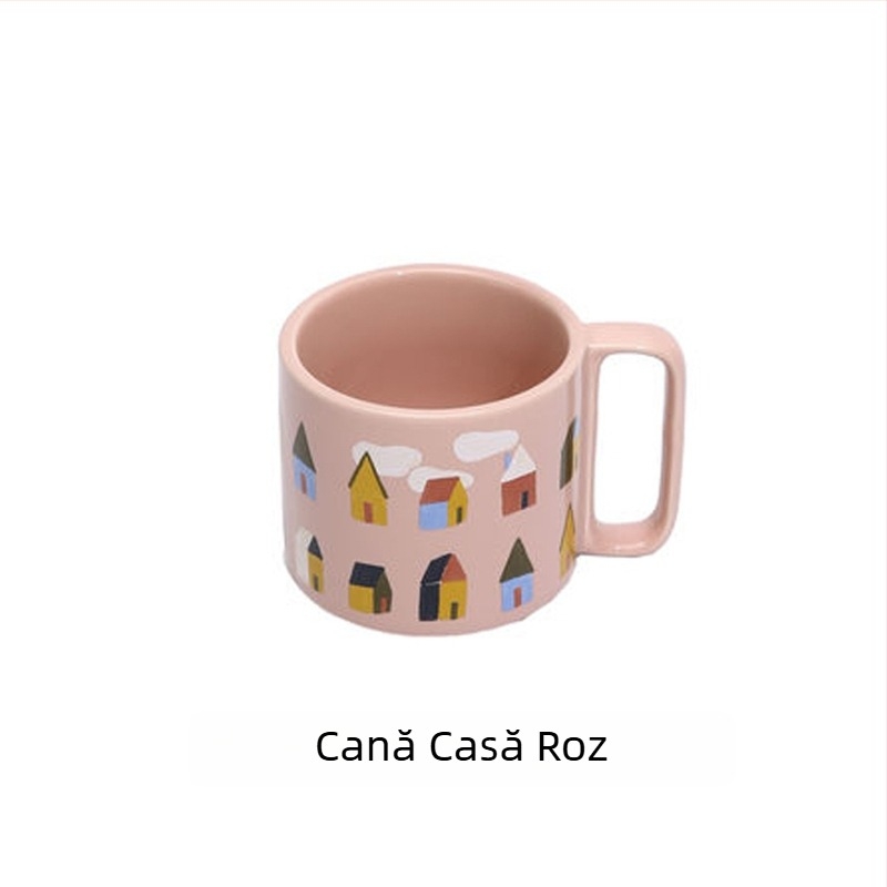 Cană de cafea emailată, cilindrică, cu mâner, imprimare logo, stil modern minimalist, compatibilă cu microunde