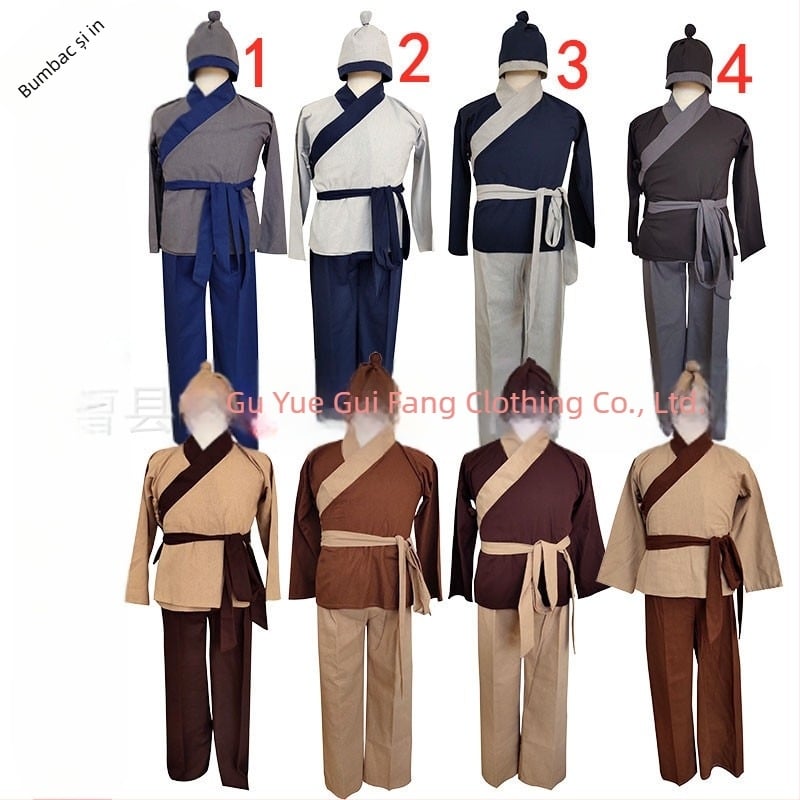 Costum Hanfu pentru personal de servire, destinat producțiilor de teatru și film, din amestec bumbac-len