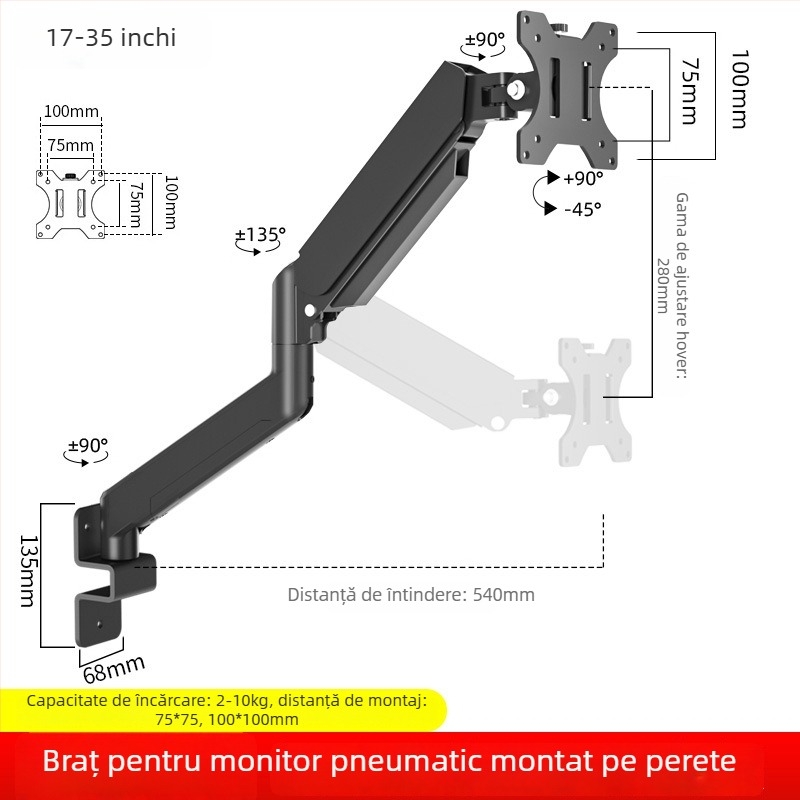 Braț universal pentru monitor, montat pe perete, extensie telescopică, capacitate 5–10 kg