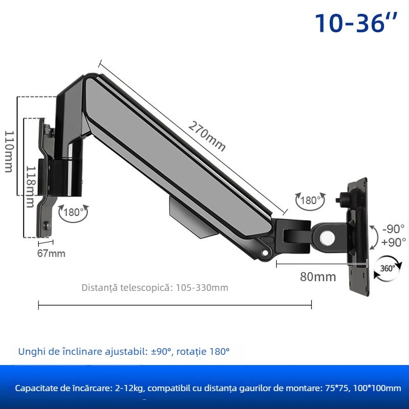 Braț universal pentru monitor, montat pe perete, extensie telescopică, capacitate 5–10 kg