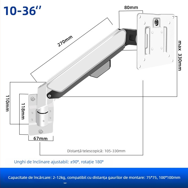 Braț universal pentru monitor, montat pe perete, extensie telescopică, capacitate 5–10 kg