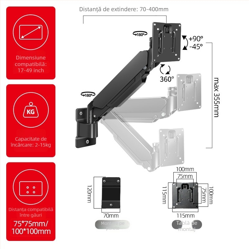 Braț universal pentru monitor, montat pe perete, extensie telescopică, capacitate 5–10 kg