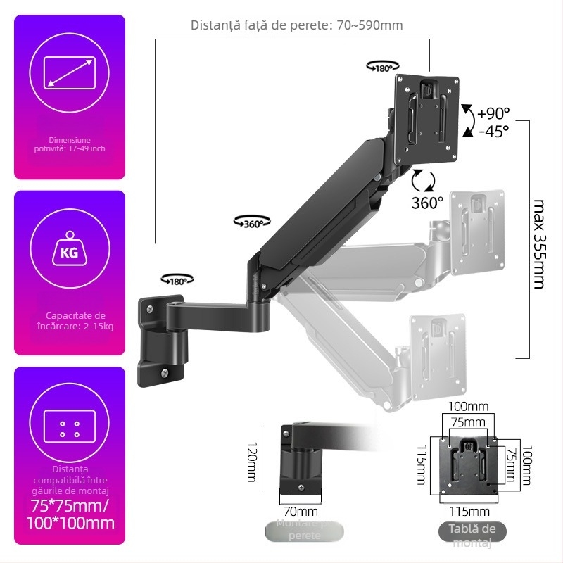 Braț universal pentru monitor, montat pe perete, extensie telescopică, capacitate 5–10 kg