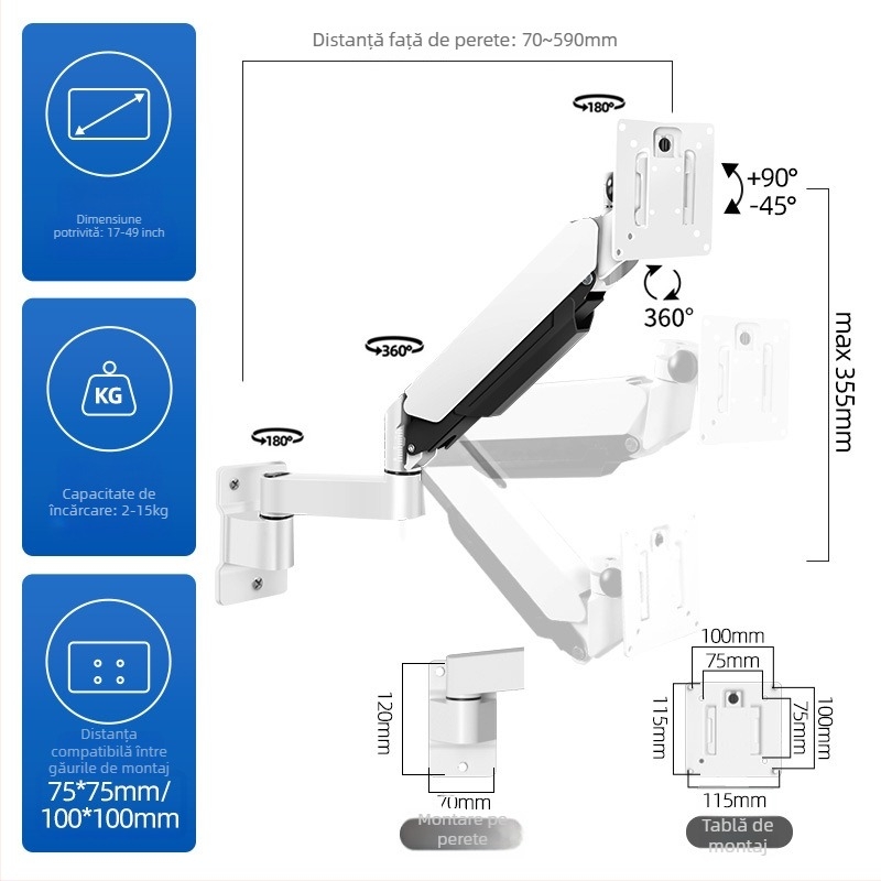 Braț universal pentru monitor, montat pe perete, extensie telescopică, capacitate 5–10 kg