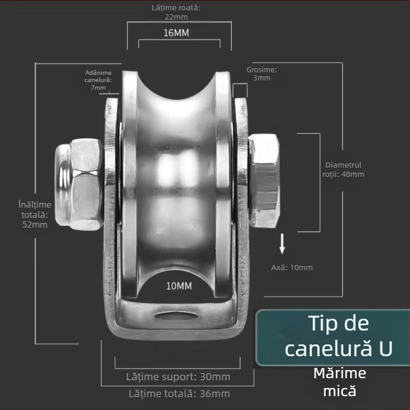 Rulment din oțel inoxidabil 304, roată cu rulmenți fixă pentru ușă glisantă, tip V HU, pe șină de ridicare