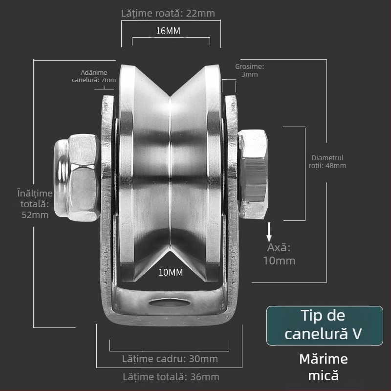 Rulment din oțel inoxidabil 304, roată cu rulmenți fixă pentru ușă glisantă, tip V HU, pe șină de ridicare