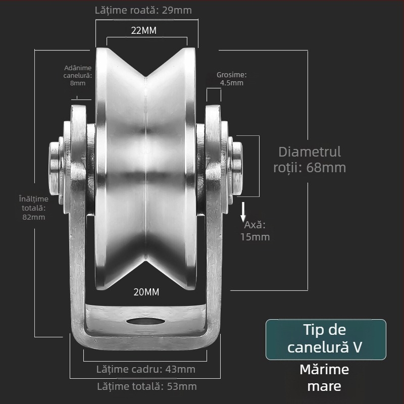 Rulment din oțel inoxidabil 304, roată cu rulmenți fixă pentru ușă glisantă, tip V HU, pe șină de ridicare