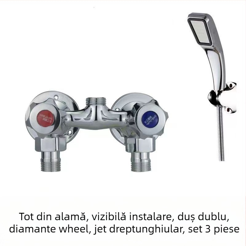 Robinet de duș cu corp din cupru integral, control dual, montaj pe perete, model 100022, stil modern minimalist