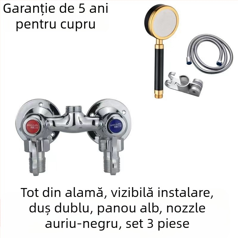 Robinet de duș cu corp din cupru integral, control dual, montaj pe perete, model 100022, stil modern minimalist