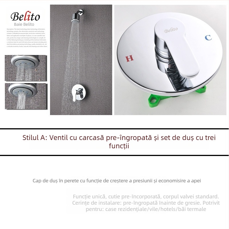 Sistem de duș încastrat în perete, corp din cupru, instalație în perete, amestecător cald/rece, duză de economisire a apei, model 001