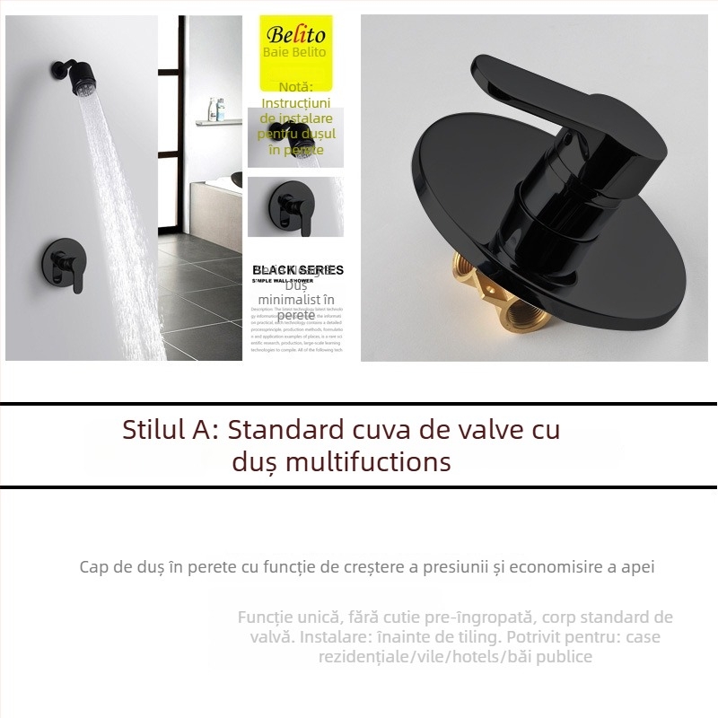 Sistem de duș încastrat în perete, corp din cupru, instalație în perete, amestecător cald/rece, duză de economisire a apei, model 001