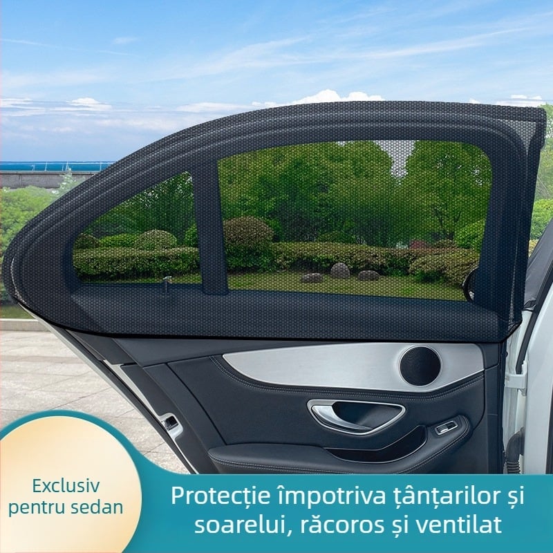 Plasă de protecție pentru fereastra laterală a mașinii – material plasă, compatibilitate universală, protecție împotriva insectelor și umbrire