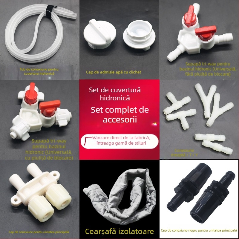 Accesorii pentru pătură de încălzire a apei: manșon izolator pentru conducta de conectare a unității principale, ventil cu trei direcții, conecttor pentru încălzire apă, capac de umplere apă (SNTPJ, 10–20 m², Haishengda)