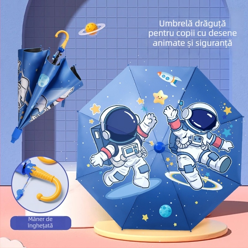 Umbrelă pentru copii cu deschidere automată, cadru din 8 spițe de fier, copertă din vinil, țesătură 190T, mâner lung, imprimare logo, personalizare