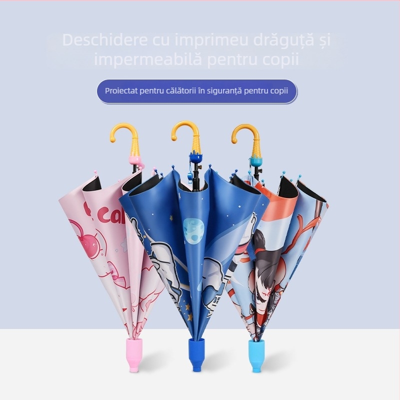 Umbrelă pentru copii cu deschidere automată, cadru din 8 spițe de fier, copertă din vinil, țesătură 190T, mâner lung, imprimare logo, personalizare