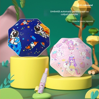 Umbrelă de copii pliabilă cu deschidere automată, colțuri rotunjite, ramă din oțel cu 8 brațe, pânză poliester 190T, personalizare logo, potrivită pentru fete și băieți.