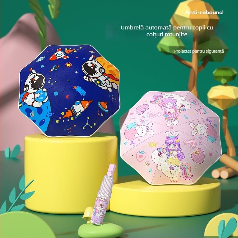 Umbrelă de copii pliabilă cu deschidere automată, colțuri rotunjite, ramă din oțel cu 8 brațe, pânză poliester 190T, personalizare logo, potrivită pentru fete și băieți.