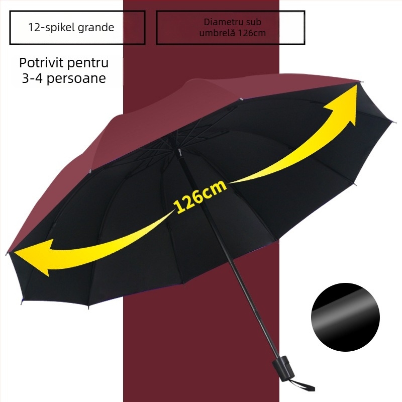Umbrelă cu 12 arce, protecție UV, pliabilă, arce din oțel, mâner din cauciuc, deschidere închidere manuală, utilizare dublă soare/ploaie
