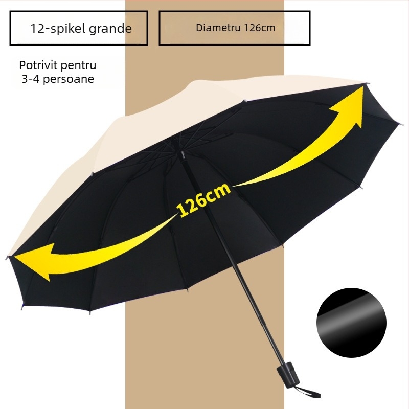 Umbrelă cu 12 arce, protecție UV, pliabilă, arce din oțel, mâner din cauciuc, deschidere închidere manuală, utilizare dublă soare/ploaie