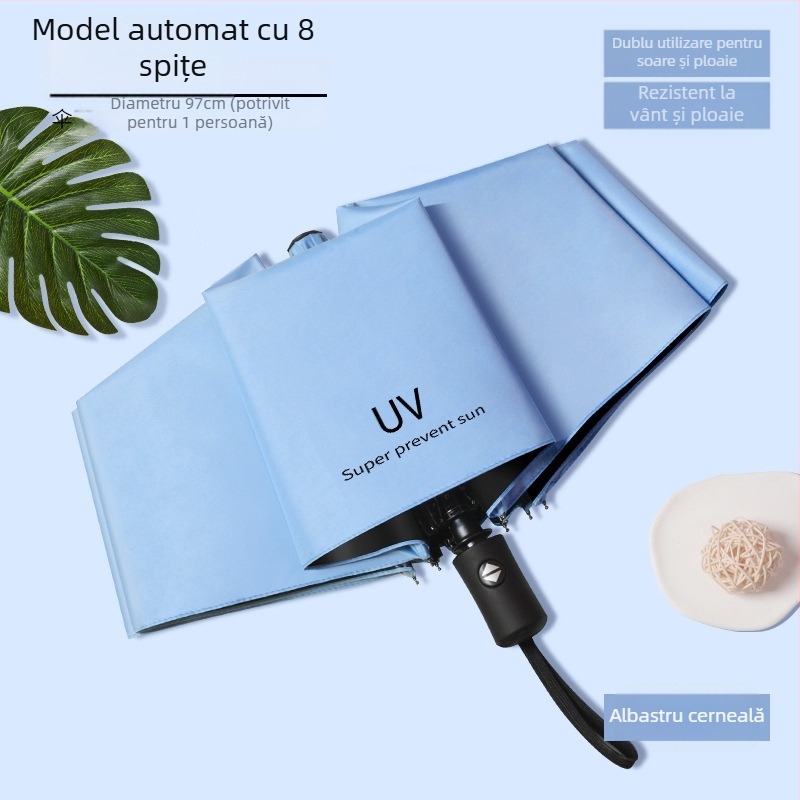 Umbrelă cu 12 arce, protecție UV, pliabilă, arce din oțel, mâner din cauciuc, deschidere închidere manuală, utilizare dublă soare/ploaie