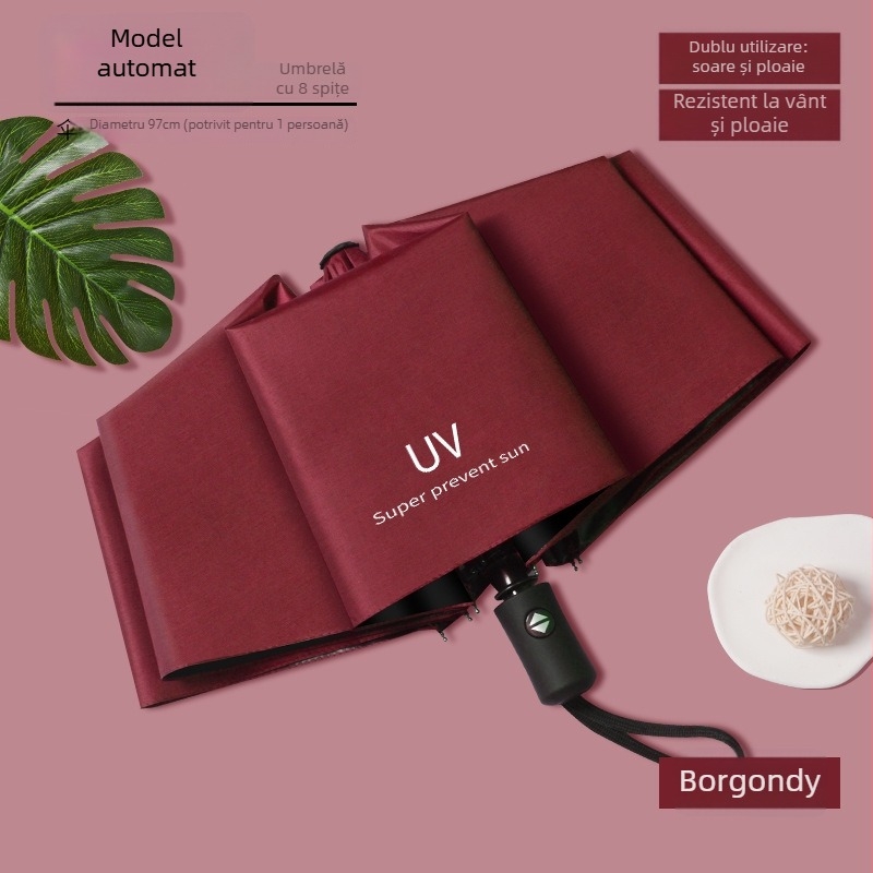 Umbrelă cu 12 arce, protecție UV, pliabilă, arce din oțel, mâner din cauciuc, deschidere închidere manuală, utilizare dublă soare/ploaie