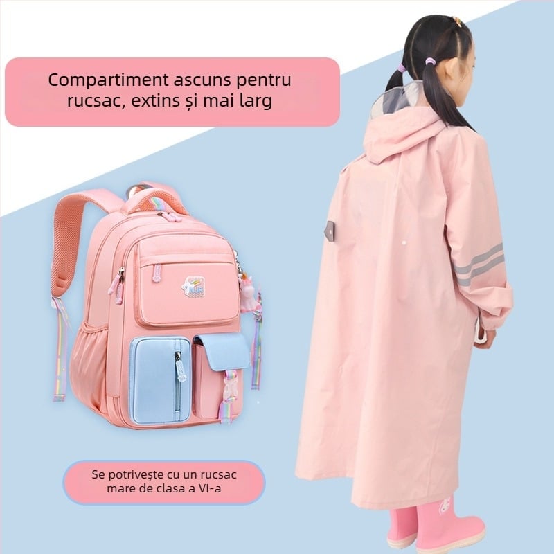 Pelerină de ploaie pentru copii în stil colegiu, cu rucsac, cu margine mare, țesătură Chun yafang, strat TPU, reutilizabil, 400 g