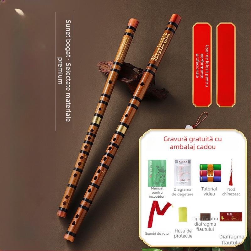 Flaut de bambus pentru începători, destinat elevilor din școala primară, note C D E F G, include geantă din flanelă