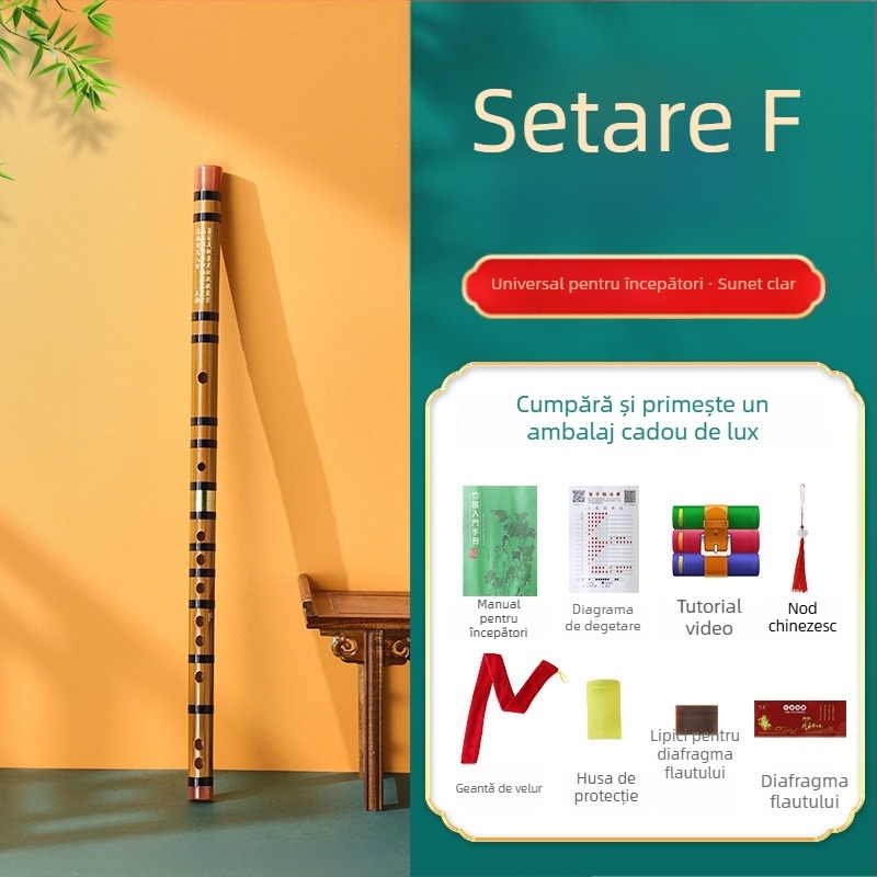 Flaut de bambus pentru începători, destinat elevilor din școala primară, note C D E F G, include geantă din flanelă