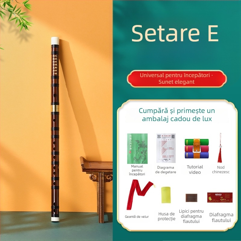 Flaut de bambus pentru începători, destinat elevilor din școala primară, note C D E F G, include geantă din flanelă