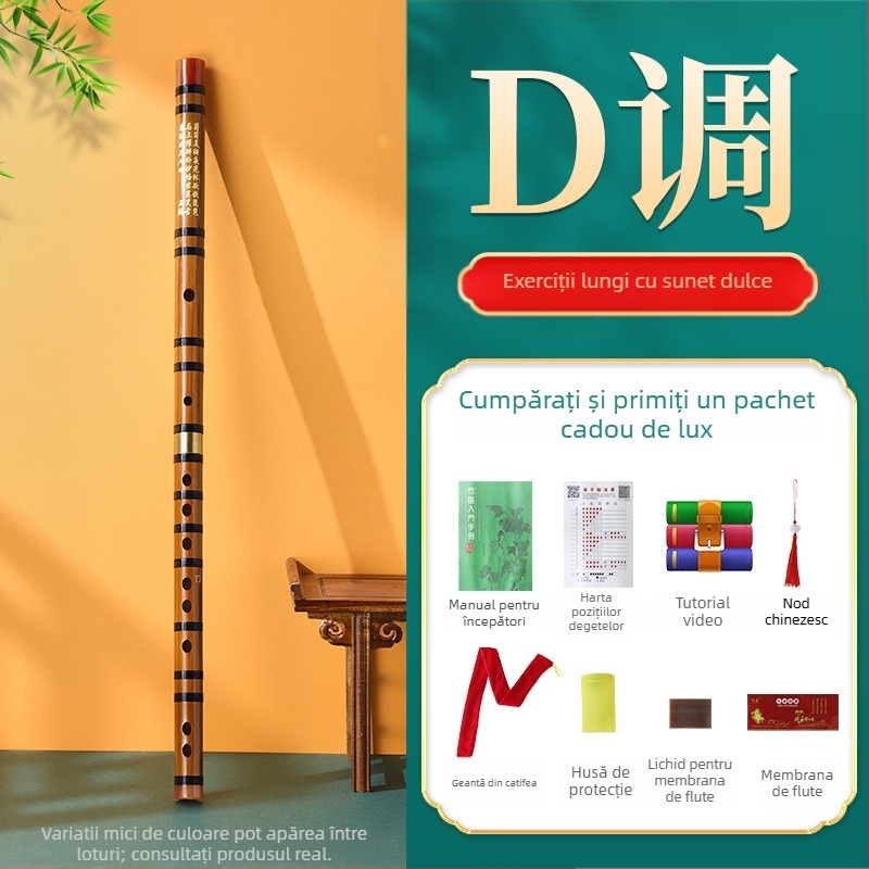 Flaut de bambus pentru începători, destinat elevilor din școala primară, note C D E F G, include geantă din flanelă
