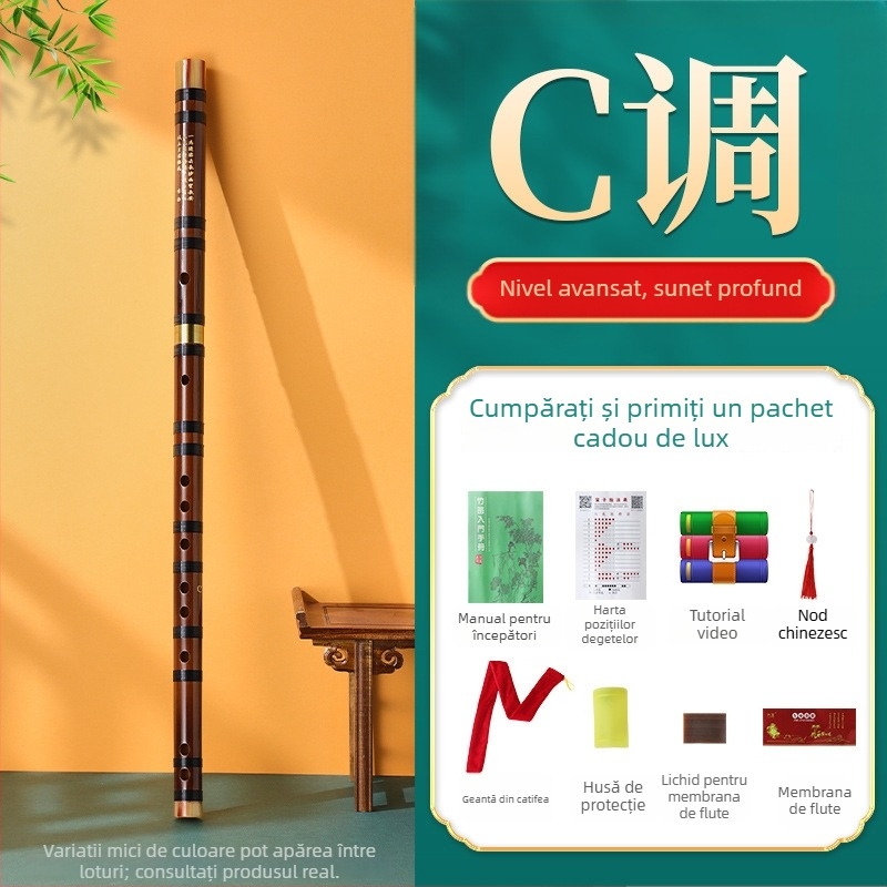 Flaut de bambus pentru începători, destinat elevilor din școala primară, note C D E F G, include geantă din flanelă